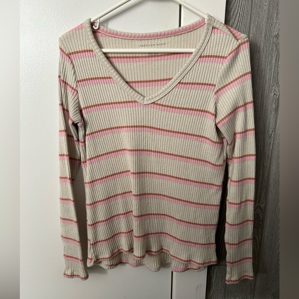 American Eagle, size S, cream and pink striped sweater